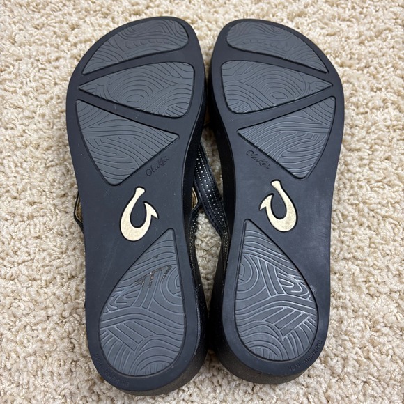 OluKai Ohana Flip Flops Black Leather Thong Sandals Women US W 11 EUR 41 - Picture 5 of 7